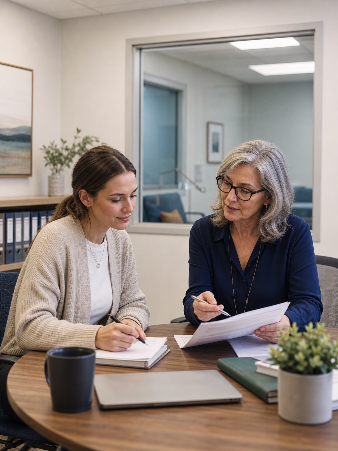 Psychology intern in supervised clinical training session with a senior psychologist